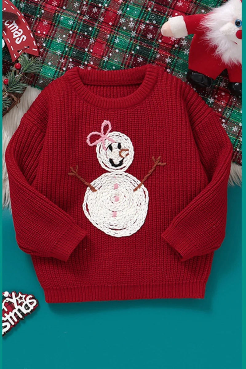 Toddler Kids Clothes Christmas Sweater for Girls Hand Embroidered Snowman Pattern Knit Top 3-6Y Kids Boys Festive Winter Outfit