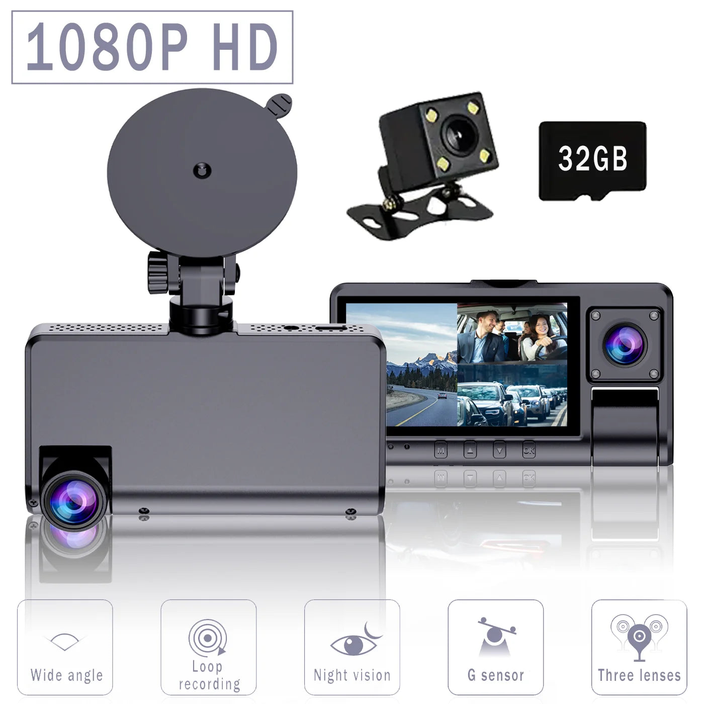 Car Cam, 3 Channel Car Cam, 1 Count FullHD Car DVR ,Night-vision, Loop Recording, MotionDetection, Suitable for Driving/Accident