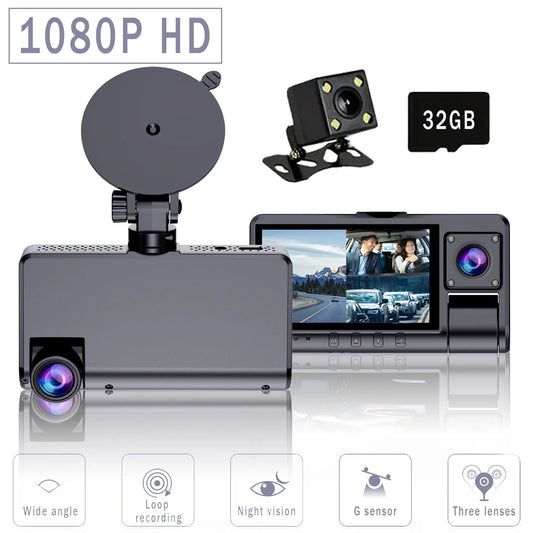 Car Cam, 3 Channel Car Cam, 1 Count FullHD Car DVR ,Night-vision, Loop Recording, MotionDetection, Suitable for Driving/Accident