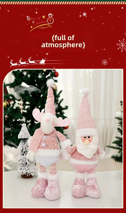 Christmas Adjustable Standing Santa and Snowman Pink Sequin Plush Doll Cute Holiday Decoration for Home Festive Ornament