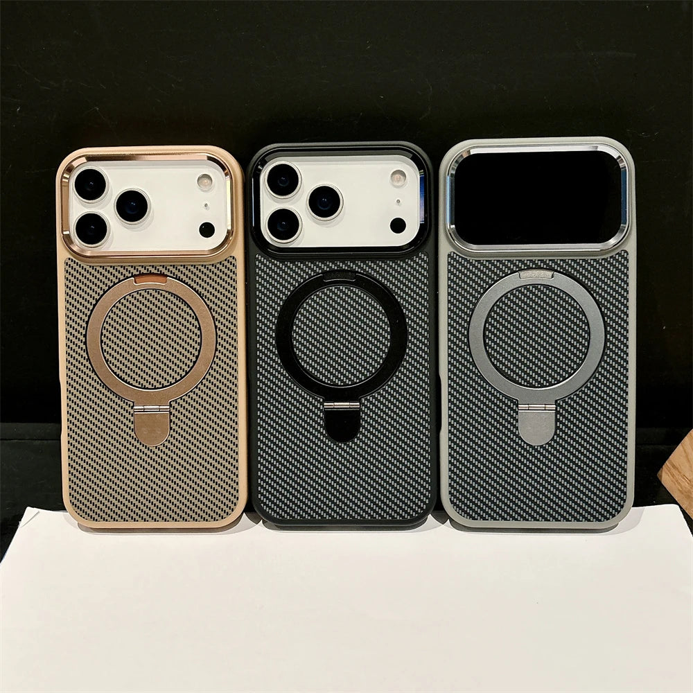 Armor Carbon Fiber Magnetic Bracket Stand Matte Case for iPhone 17 Air 16 15 14 Plus 13 12 11 Pro Max for Magsafe Holder Cover
