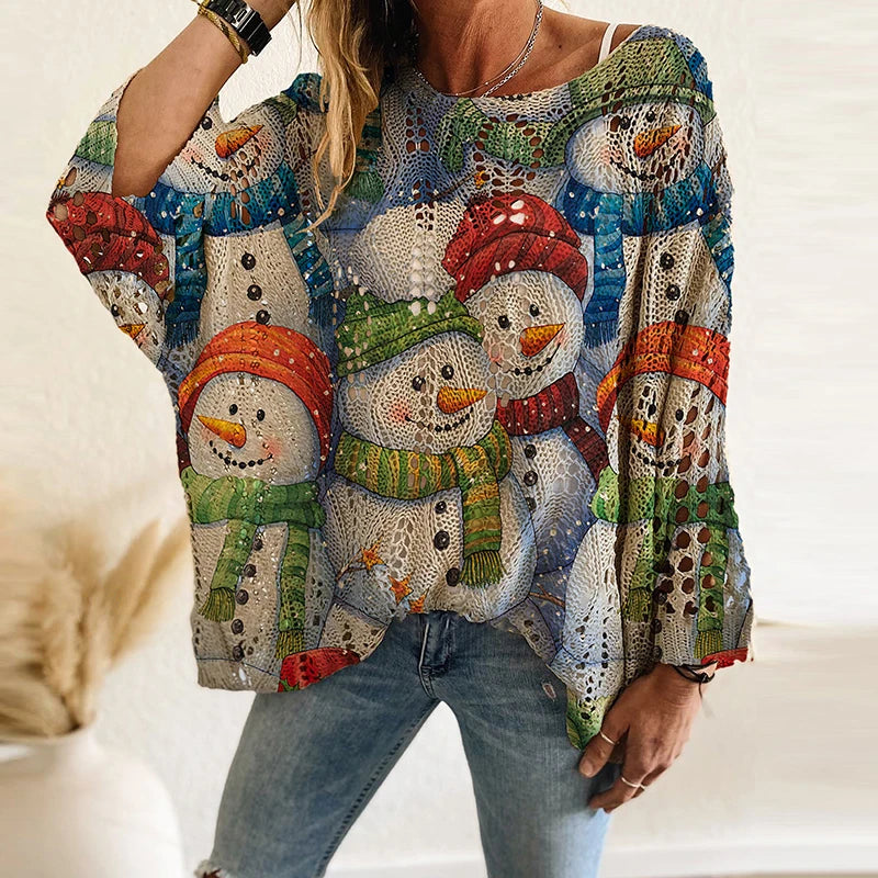 New Santa Claus Snowman Print Sweater Women O Neck Long Sleeve Christmas Sweaters For Women Fashion Hollow Out Knitted Jumper