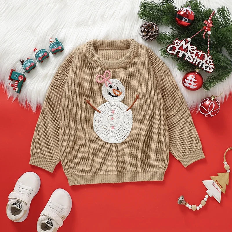 Toddler Kids Clothes Christmas Sweater for Girls Hand Embroidered Snowman Pattern Knit Top 3-6Y Kids Boys Festive Winter Outfit