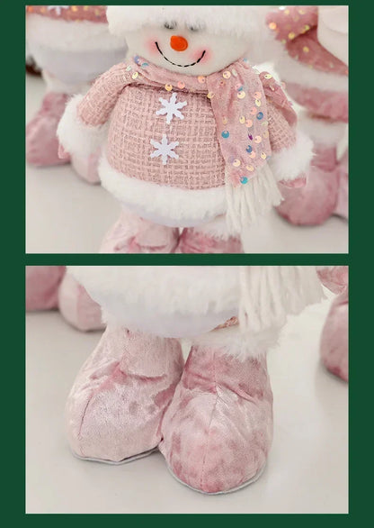 Christmas Adjustable Standing Santa and Snowman Pink Sequin Plush Doll Cute Holiday Decoration for Home Festive Ornament