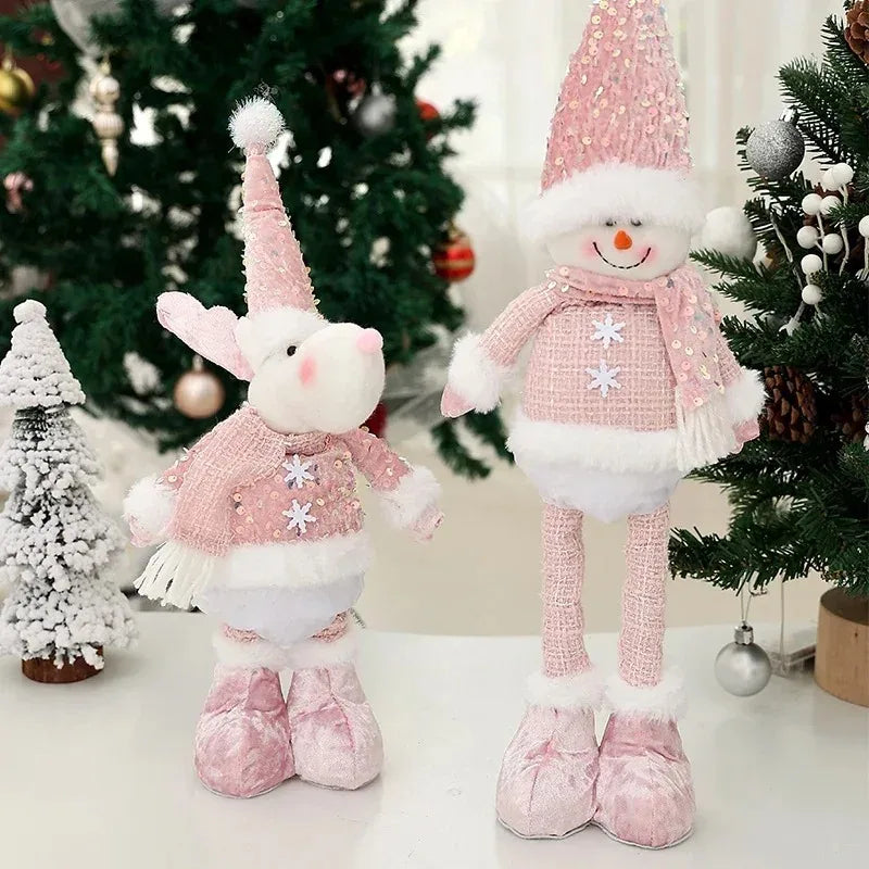 Christmas Adjustable Standing Santa and Snowman Pink Sequin Plush Doll Cute Holiday Decoration for Home Festive Ornament