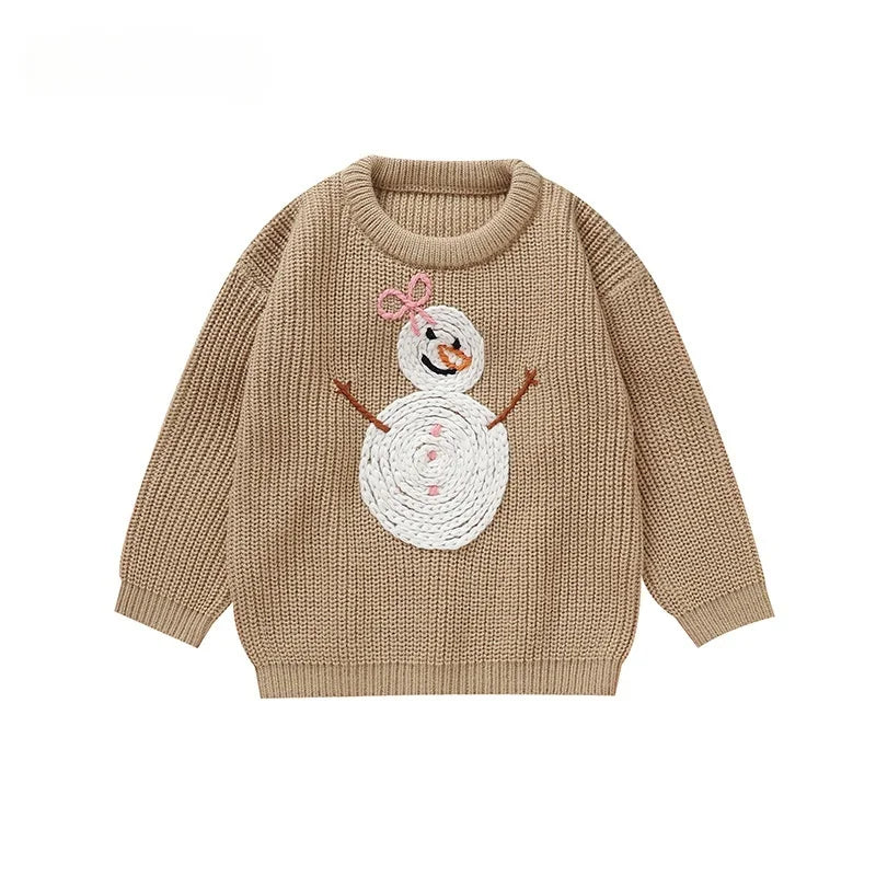 Toddler Kids Clothes Christmas Sweater for Girls Hand Embroidered Snowman Pattern Knit Top 3-6Y Kids Boys Festive Winter Outfit