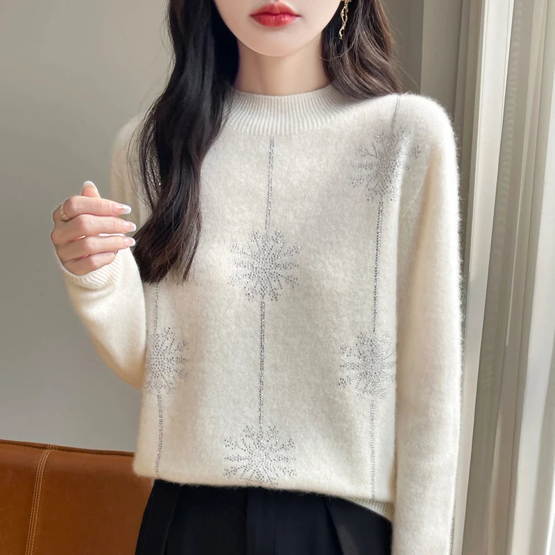 Women Sweater Christmas Style Mock Neck Long Sleeve Autumn Winter Thick Warm Pullovers Knitted Loose Bottoming Shirts Red Jumper