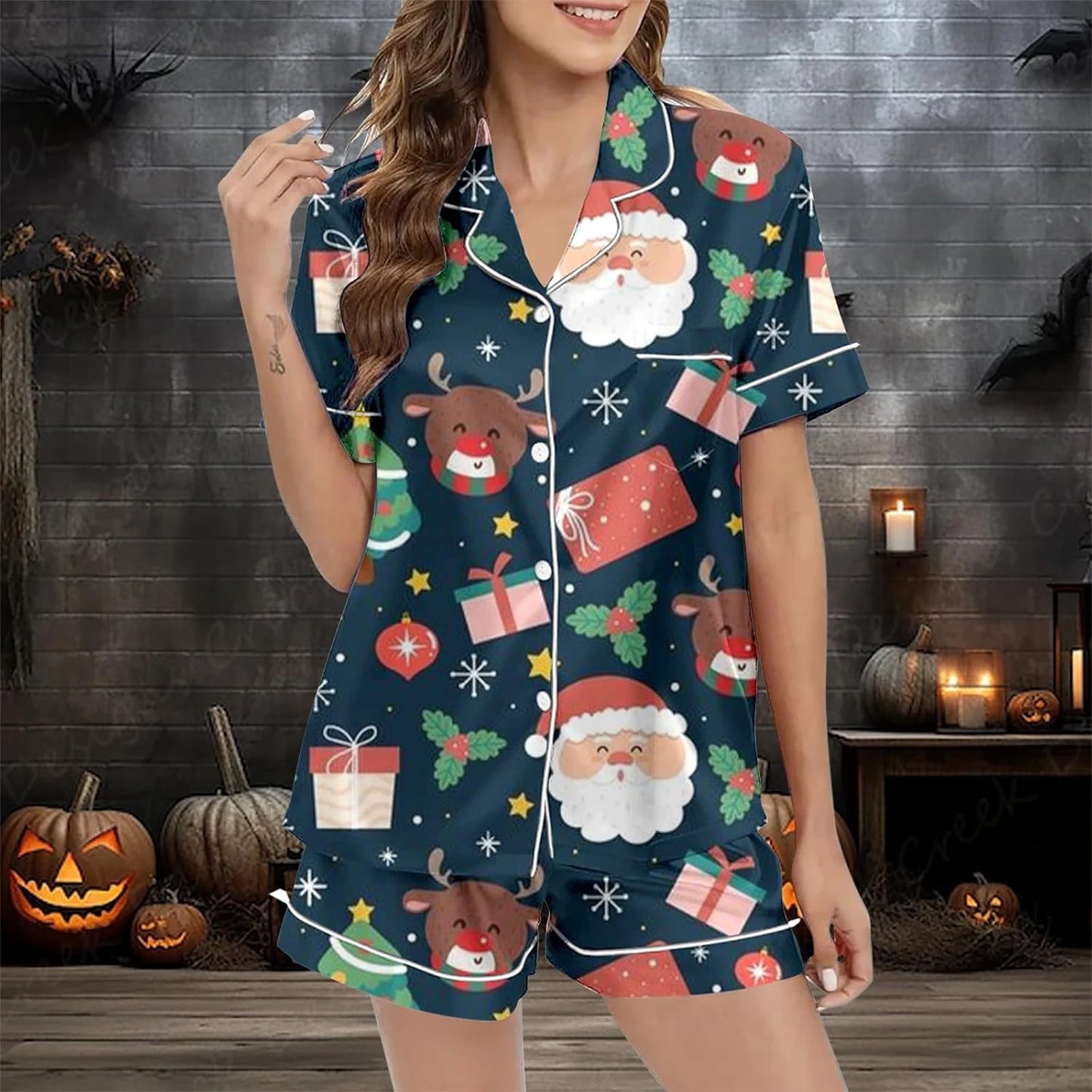 Women Christmas Pajamas Set, Santa Claus Tree Print Short Sleeve Button Closure Shirt with Shorts Sleepwear Loungewear