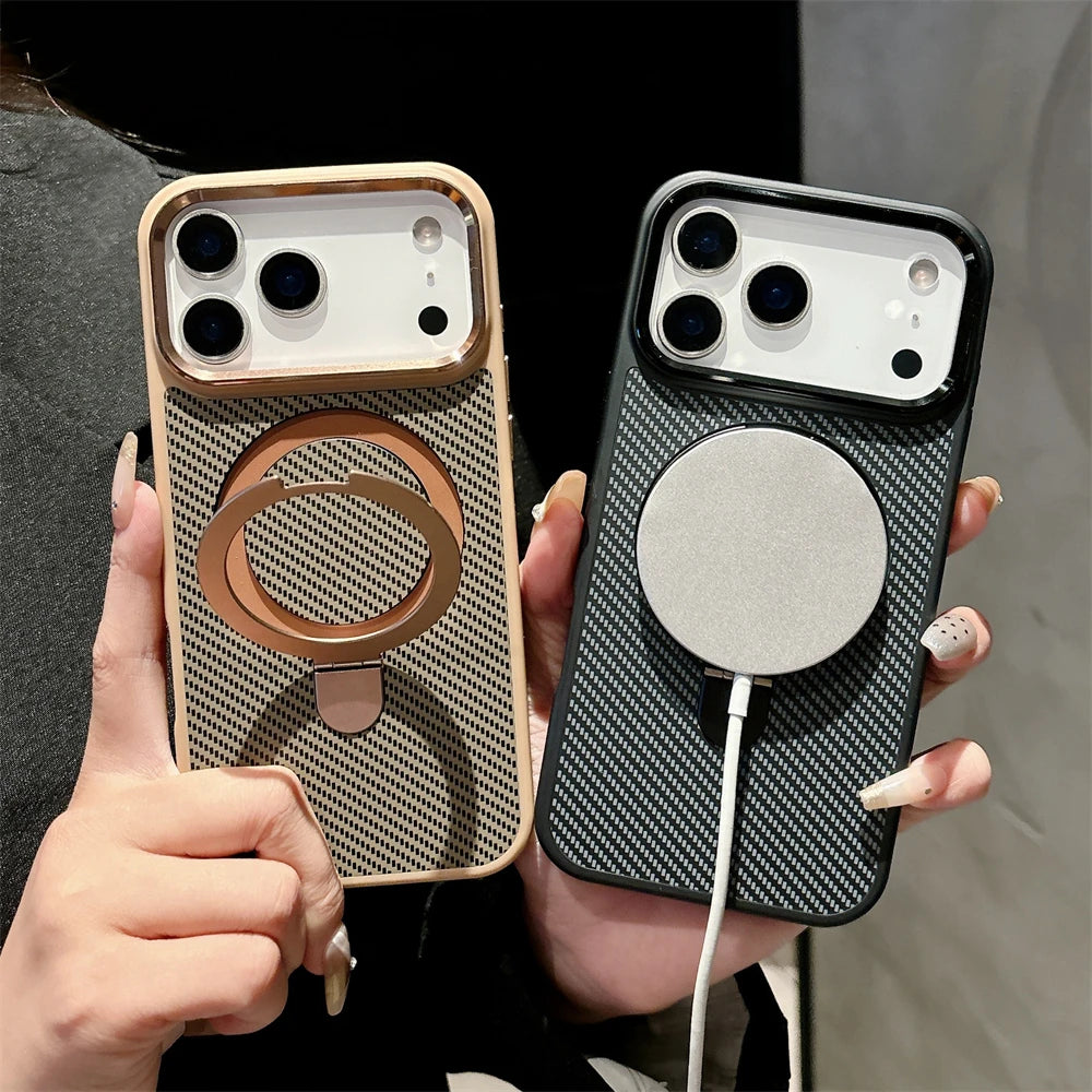 Armor Carbon Fiber Magnetic Bracket Stand Matte Case for iPhone 17 Air 16 15 14 Plus 13 12 11 Pro Max for Magsafe Holder Cover