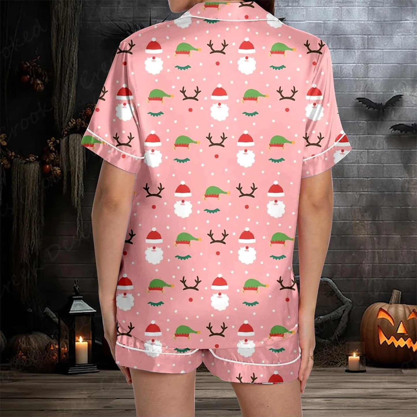 Women Christmas Pajamas Set, Santa Claus Tree Print Short Sleeve Button Closure Shirt with Shorts Sleepwear Loungewear