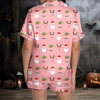 Women Christmas Pajamas Set, Santa Claus Tree Print Short Sleeve Button Closure Shirt with Shorts Sleepwear Loungewear