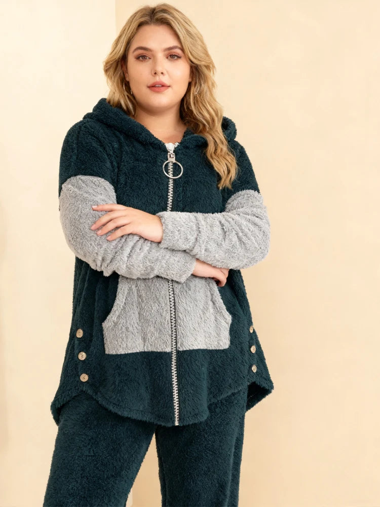 Plus Size Warm Contrasting Sweater Set On Sale Clearance Hooded Zip-Up Package Cardigan Drawstring Long Pants With Elastic Cuffs