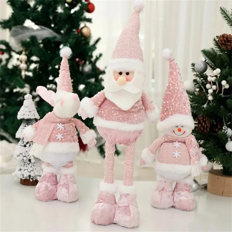 Christmas Adjustable Standing Santa and Snowman Pink Sequin Plush Doll Cute Holiday Decoration for Home Festive Ornament