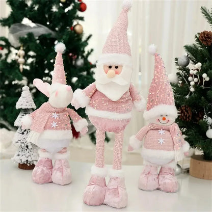 Christmas Adjustable Standing Santa and Snowman Pink Sequin Plush Doll Cute Holiday Decoration for Home Festive Ornament