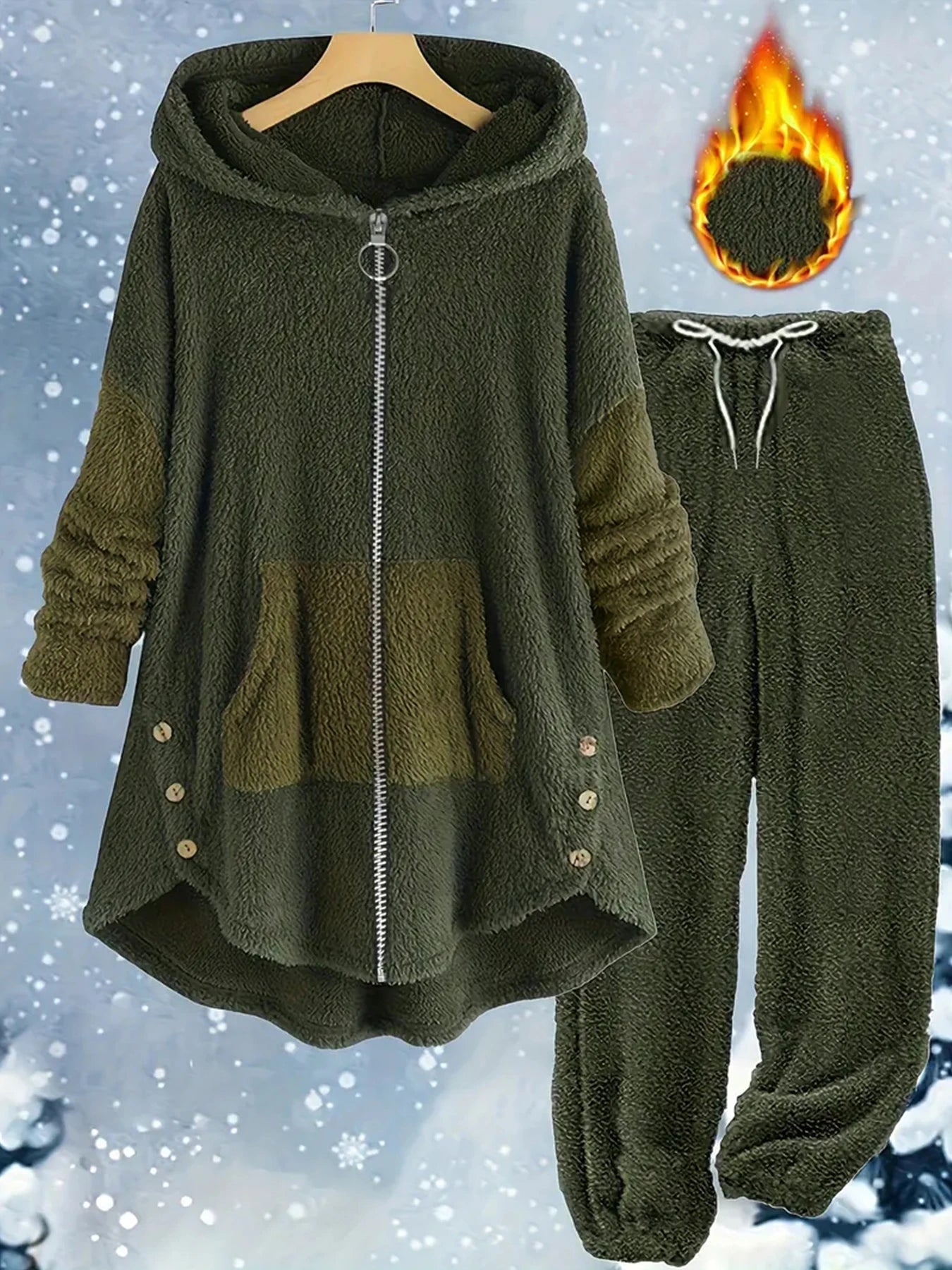 Plus Size Warm Contrasting Sweater Set On Sale Clearance Hooded Zip-Up Package Cardigan Drawstring Long Pants With Elastic Cuffs