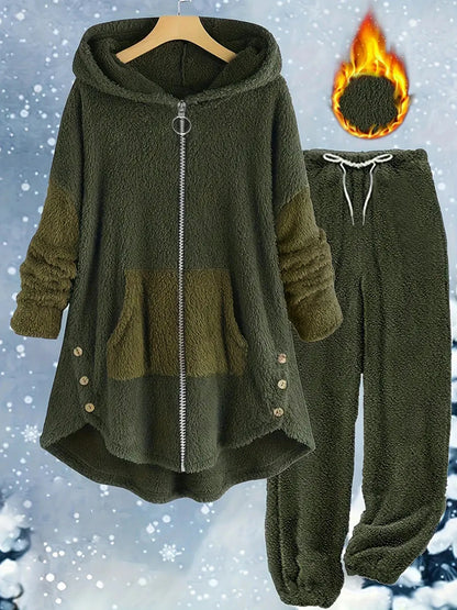 Plus Size Warm Contrasting Sweater Set On Sale Clearance Hooded Zip-Up Package Cardigan Drawstring Long Pants With Elastic Cuffs