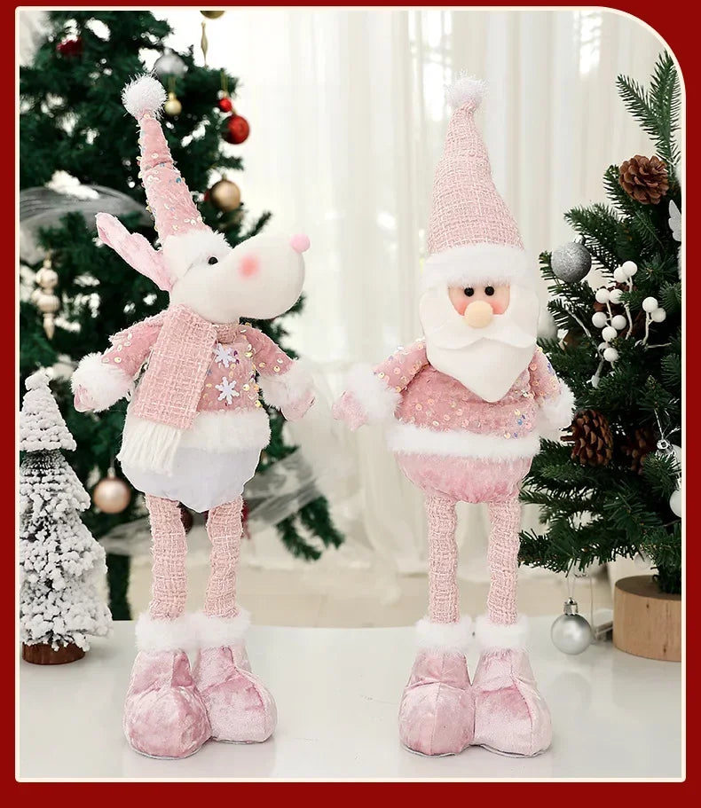 Christmas Adjustable Standing Santa and Snowman Pink Sequin Plush Doll Cute Holiday Decoration for Home Festive Ornament