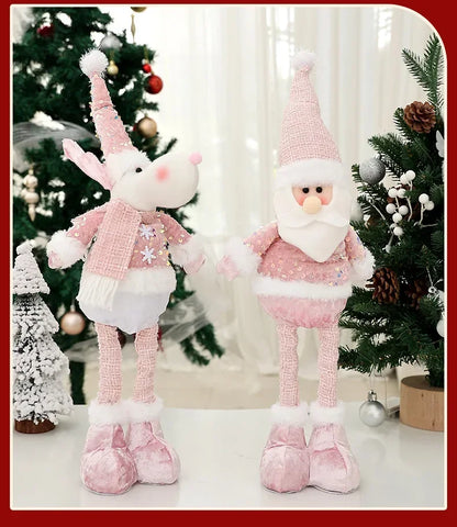 Christmas Adjustable Standing Santa and Snowman Pink Sequin Plush Doll Cute Holiday Decoration for Home Festive Ornament