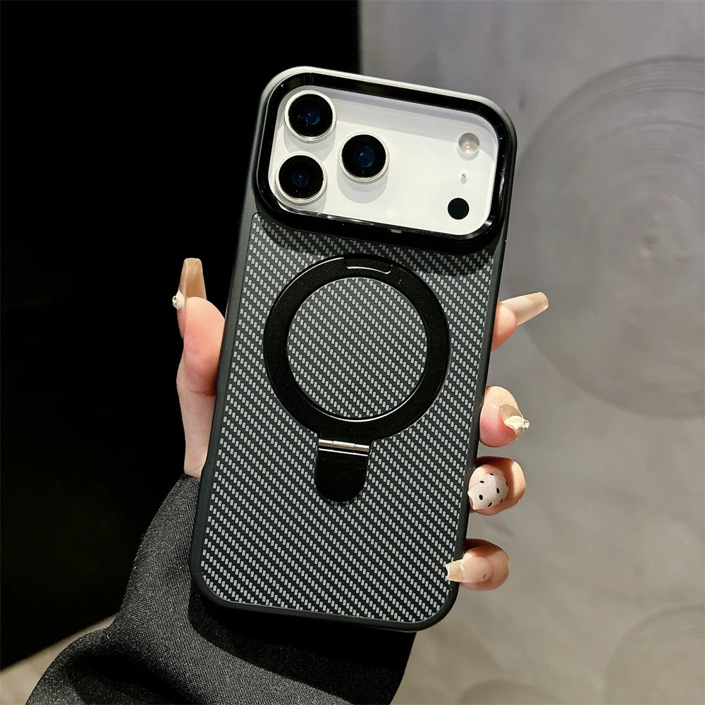 Armor Carbon Fiber Magnetic Bracket Stand Matte Case for iPhone 17 Air 16 15 14 Plus 13 12 11 Pro Max for Magsafe Holder Cover