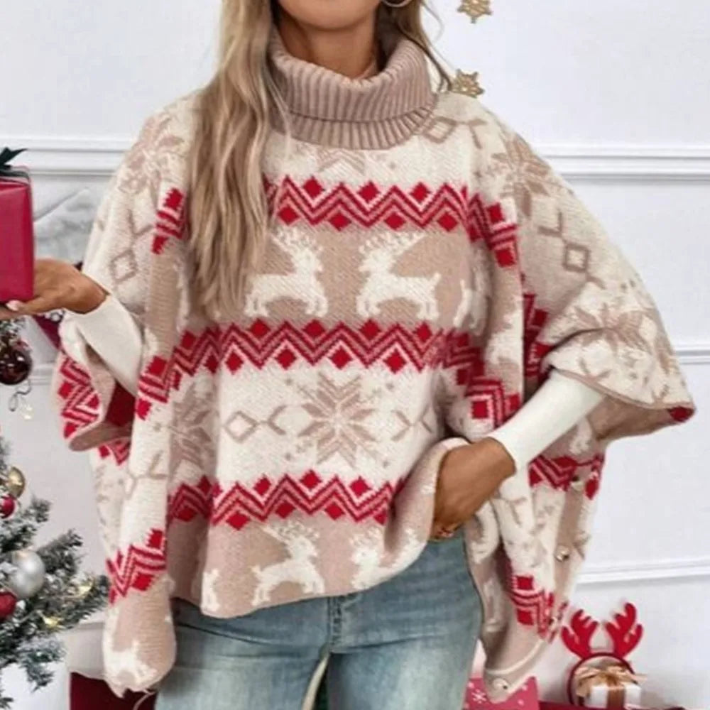 Turtleneck Christmas Sweater Elk Contrast Pattern Bat Sleeve Sweater Winter Clothes Woman Pulls Femmes Comfortable Casual Trendy