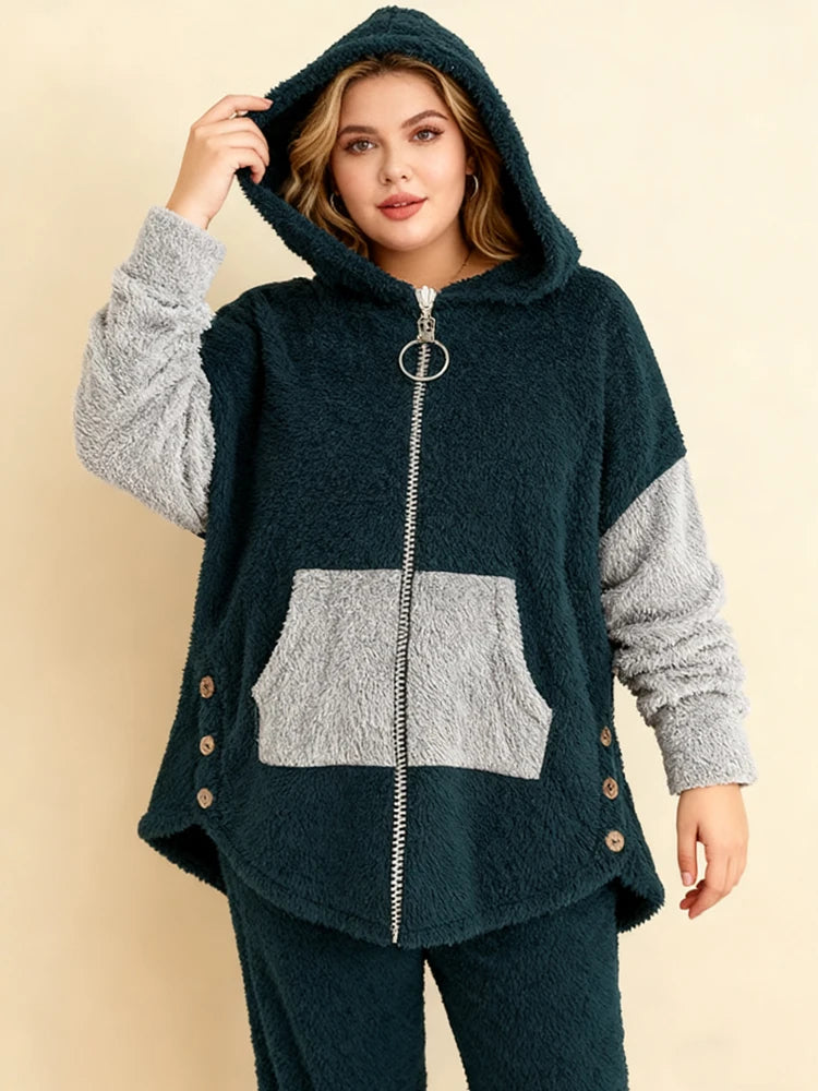 Plus Size Warm Contrasting Sweater Set On Sale Clearance Hooded Zip-Up Package Cardigan Drawstring Long Pants With Elastic Cuffs