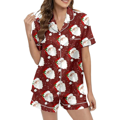 Women Christmas Pajamas Set, Santa Claus Tree Print Short Sleeve Button Closure Shirt with Shorts Sleepwear Loungewear