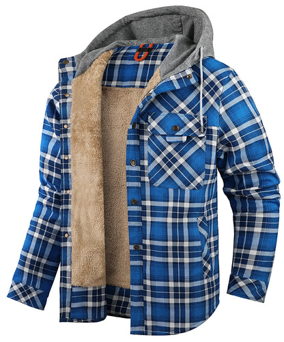 Men's Jackets Winter Hooded Warm Coat Casual Thicken Plaid Work Flannel Snap Sherpa Lined Fleece Clothing US Size