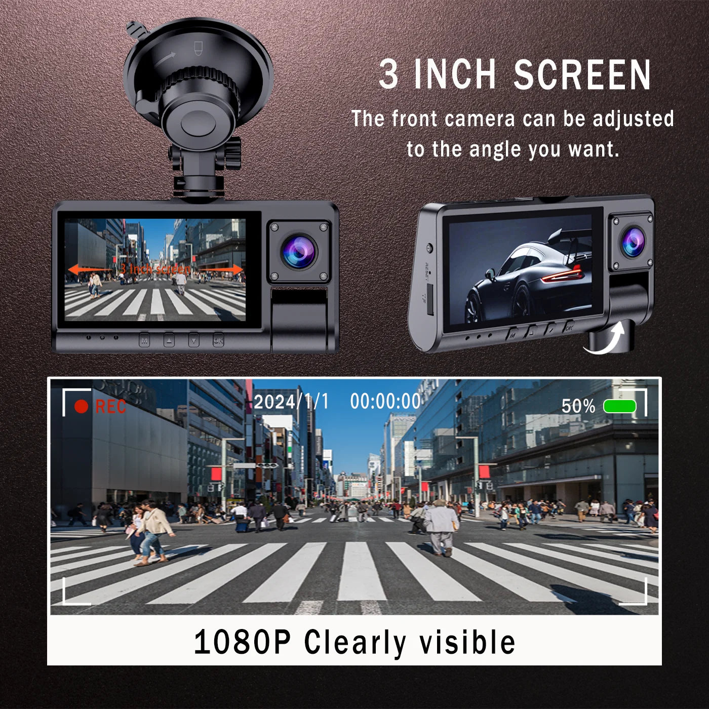 Car Cam, 3 Channel Car Cam, 1 Count FullHD Car DVR ,Night-vision, Loop Recording, MotionDetection, Suitable for Driving/Accident