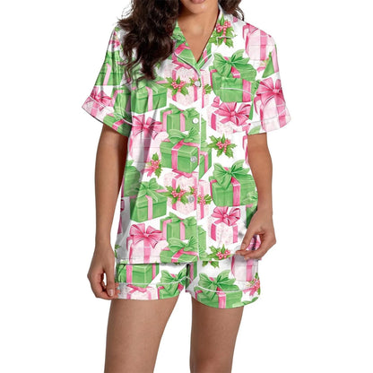 Women Christmas Pajamas Set, Santa Claus Tree Print Short Sleeve Button Closure Shirt with Shorts Sleepwear Loungewear
