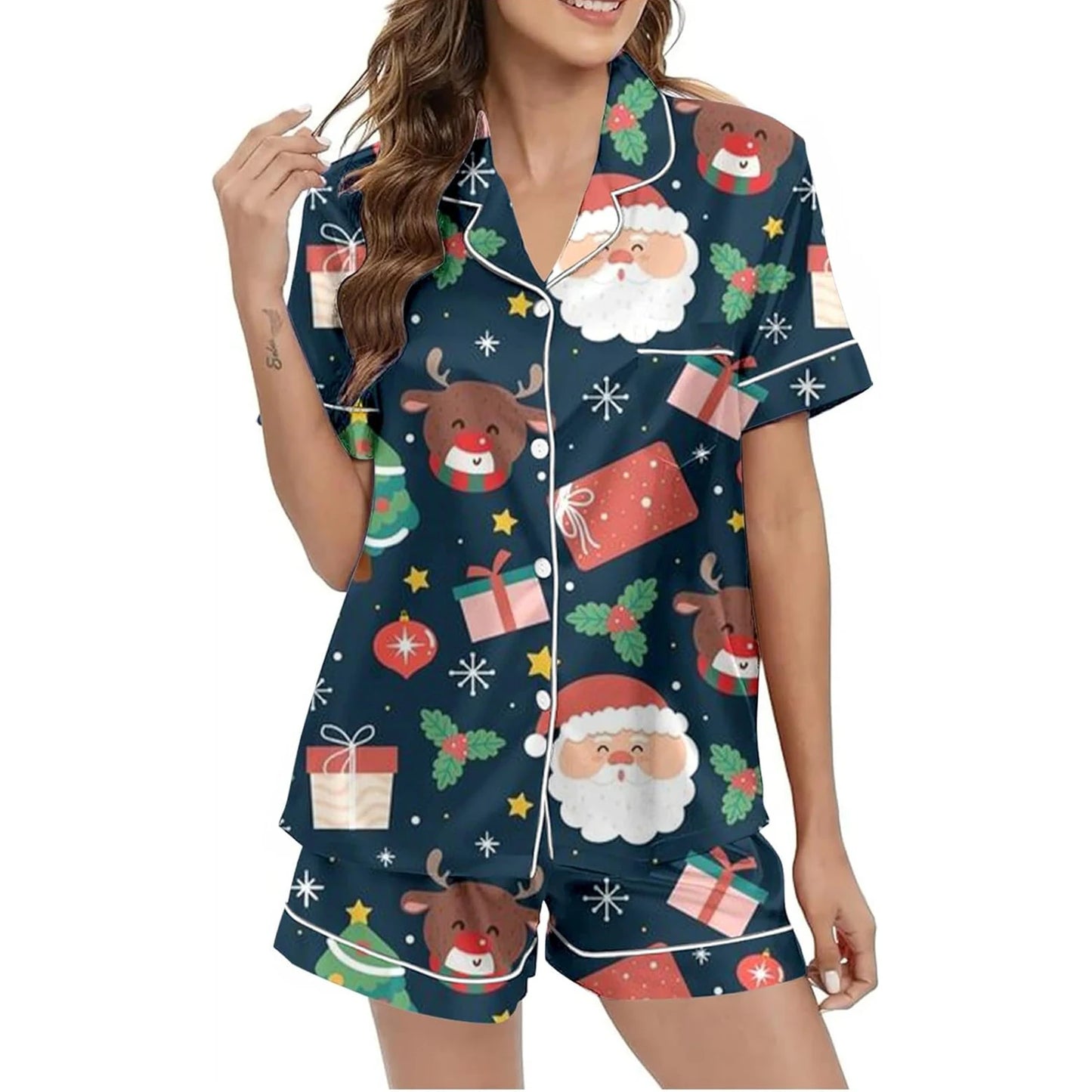 Women Christmas Pajamas Set, Santa Claus Tree Print Short Sleeve Button Closure Shirt with Shorts Sleepwear Loungewear