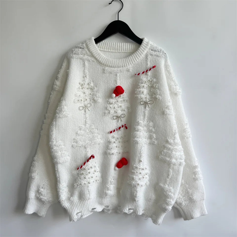 Autumn/Winter Christmas Sweater For Women Bow Nail Bead Red Knitted Pullover Tops American Fashion Jacquard New Year's Jumpers
