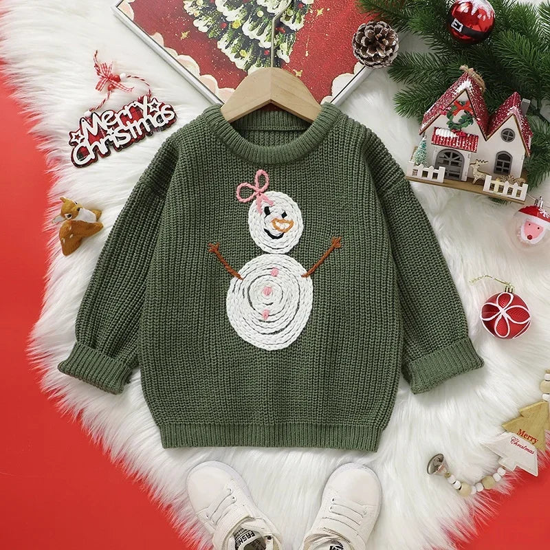 Toddler Kids Clothes Christmas Sweater for Girls Hand Embroidered Snowman Pattern Knit Top 3-6Y Kids Boys Festive Winter Outfit
