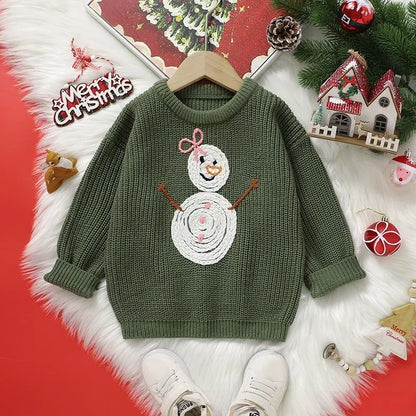 Toddler Kids Clothes Christmas Sweater for Girls Hand Embroidered Snowman Pattern Knit Top 3-6Y Kids Boys Festive Winter Outfit