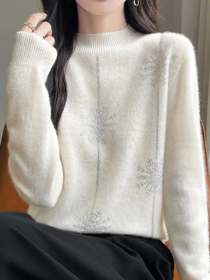 Women Sweater Christmas Style Mock Neck Long Sleeve Autumn Winter Thick Warm Pullovers Knitted Loose Bottoming Shirts Red Jumper