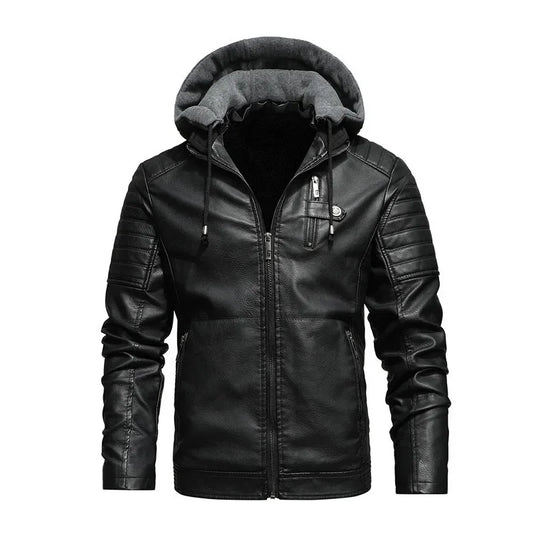Fall Winter New Men's Leather Jacket Fleece Lined Hooded Leather Coat Youth Male Outerwear Casual Style Fake Leather Jacket