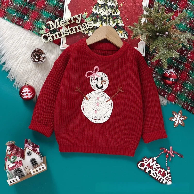 Toddler Kids Clothes Christmas Sweater for Girls Hand Embroidered Snowman Pattern Knit Top 3-6Y Kids Boys Festive Winter Outfit