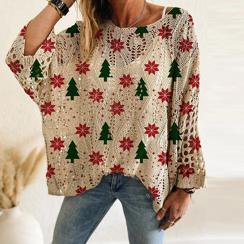 New Santa Claus Snowman Print Sweater Women O Neck Long Sleeve Christmas Sweaters For Women Fashion Hollow Out Knitted Jumper