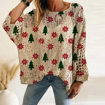 New Santa Claus Snowman Print Sweater Women O Neck Long Sleeve Christmas Sweaters For Women Fashion Hollow Out Knitted Jumper