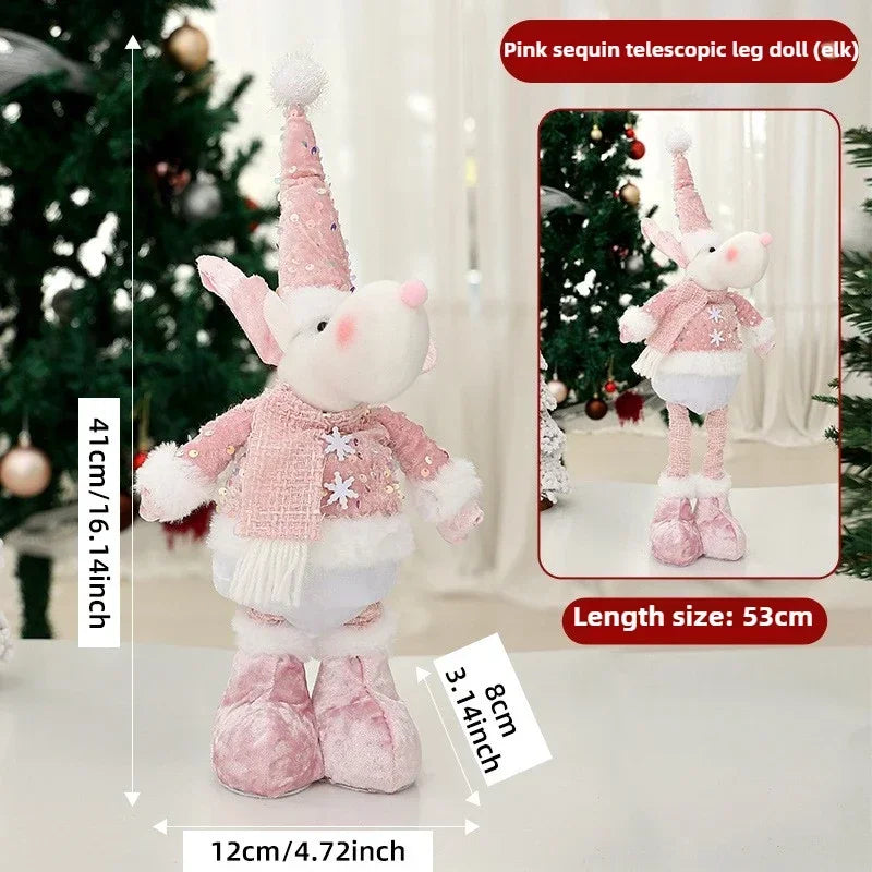 Christmas Adjustable Standing Santa and Snowman Pink Sequin Plush Doll Cute Holiday Decoration for Home Festive Ornament