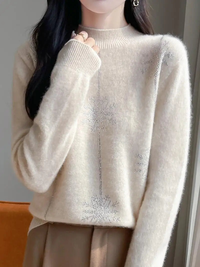 Women Sweater Christmas Style Mock Neck Long Sleeve Autumn Winter Thick Warm Pullovers Knitted Loose Bottoming Shirts Red Jumper