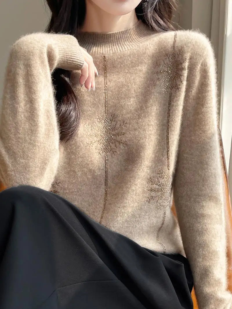 Women Sweater Christmas Style Mock Neck Long Sleeve Autumn Winter Thick Warm Pullovers Knitted Loose Bottoming Shirts Red Jumper