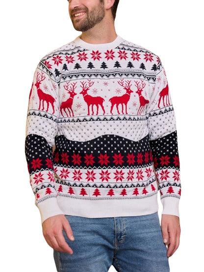 Unisex Christmas Sweater Winter Couple Women Man Long Sleeve Round Neck Reindeer Pattern Classic Fit Knitted Pullovers