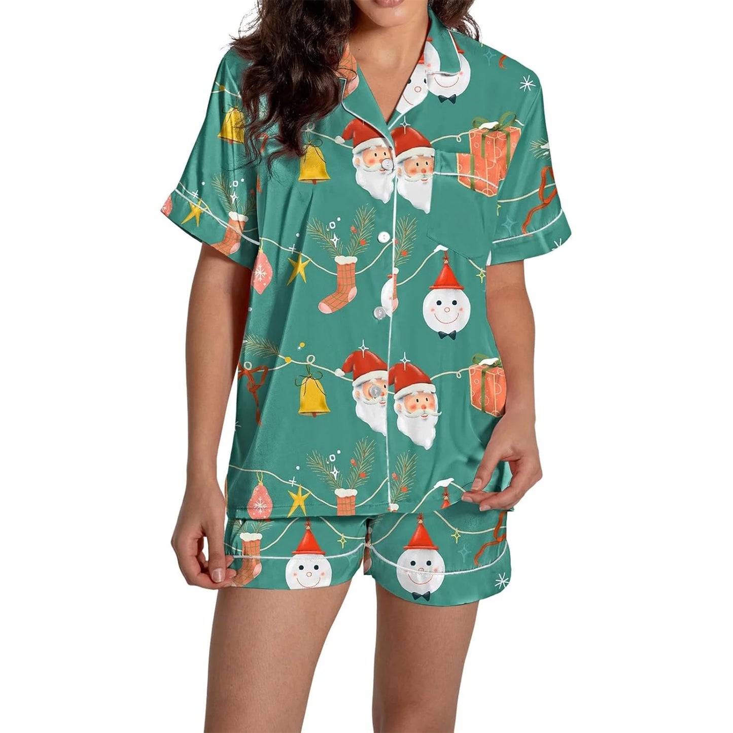 Women Christmas Pajamas Set, Santa Claus Tree Print Short Sleeve Button Closure Shirt with Shorts Sleepwear Loungewear