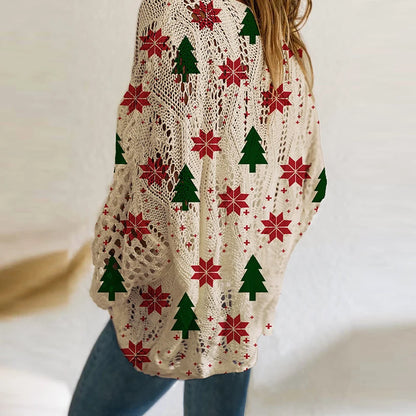 New Santa Claus Snowman Print Sweater Women O Neck Long Sleeve Christmas Sweaters For Women Fashion Hollow Out Knitted Jumper