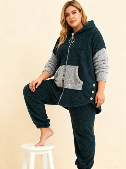Plus Size Warm Contrasting Sweater Set On Sale Clearance Hooded Zip-Up Package Cardigan Drawstring Long Pants With Elastic Cuffs