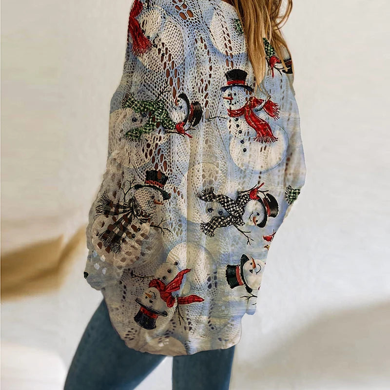 New Santa Claus Snowman Print Sweater Women O Neck Long Sleeve Christmas Sweaters For Women Fashion Hollow Out Knitted Jumper