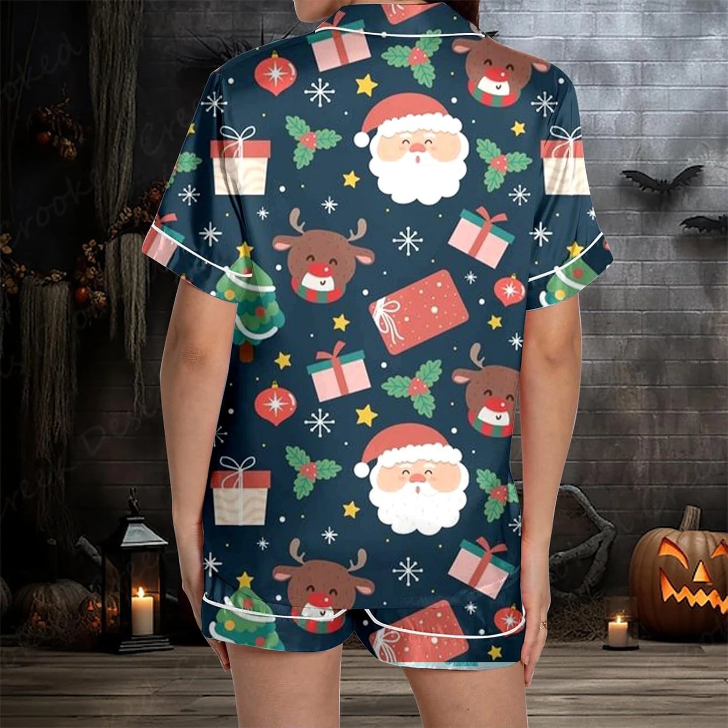 Women Christmas Pajamas Set, Santa Claus Tree Print Short Sleeve Button Closure Shirt with Shorts Sleepwear Loungewear