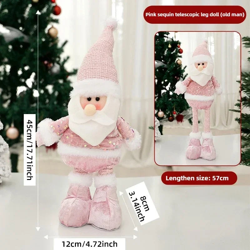 Christmas Adjustable Standing Santa and Snowman Pink Sequin Plush Doll Cute Holiday Decoration for Home Festive Ornament