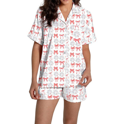 Women Christmas Pajamas Set, Santa Claus Tree Print Short Sleeve Button Closure Shirt with Shorts Sleepwear Loungewear
