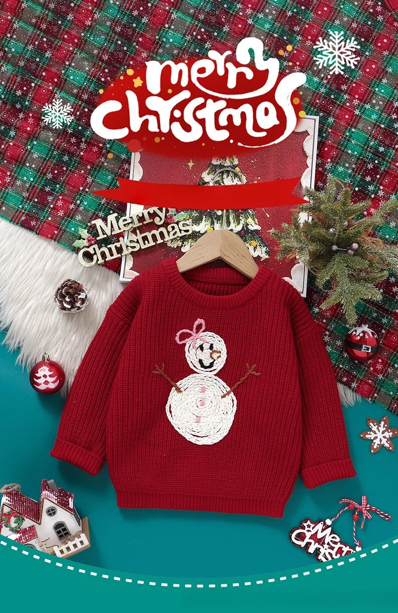 Toddler Kids Clothes Christmas Sweater for Girls Hand Embroidered Snowman Pattern Knit Top 3-6Y Kids Boys Festive Winter Outfit